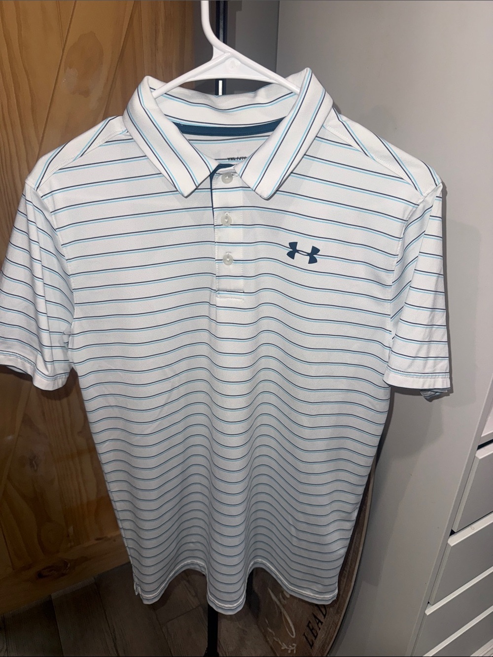 Under Armour White Polo with Light Blue Thin Stripes